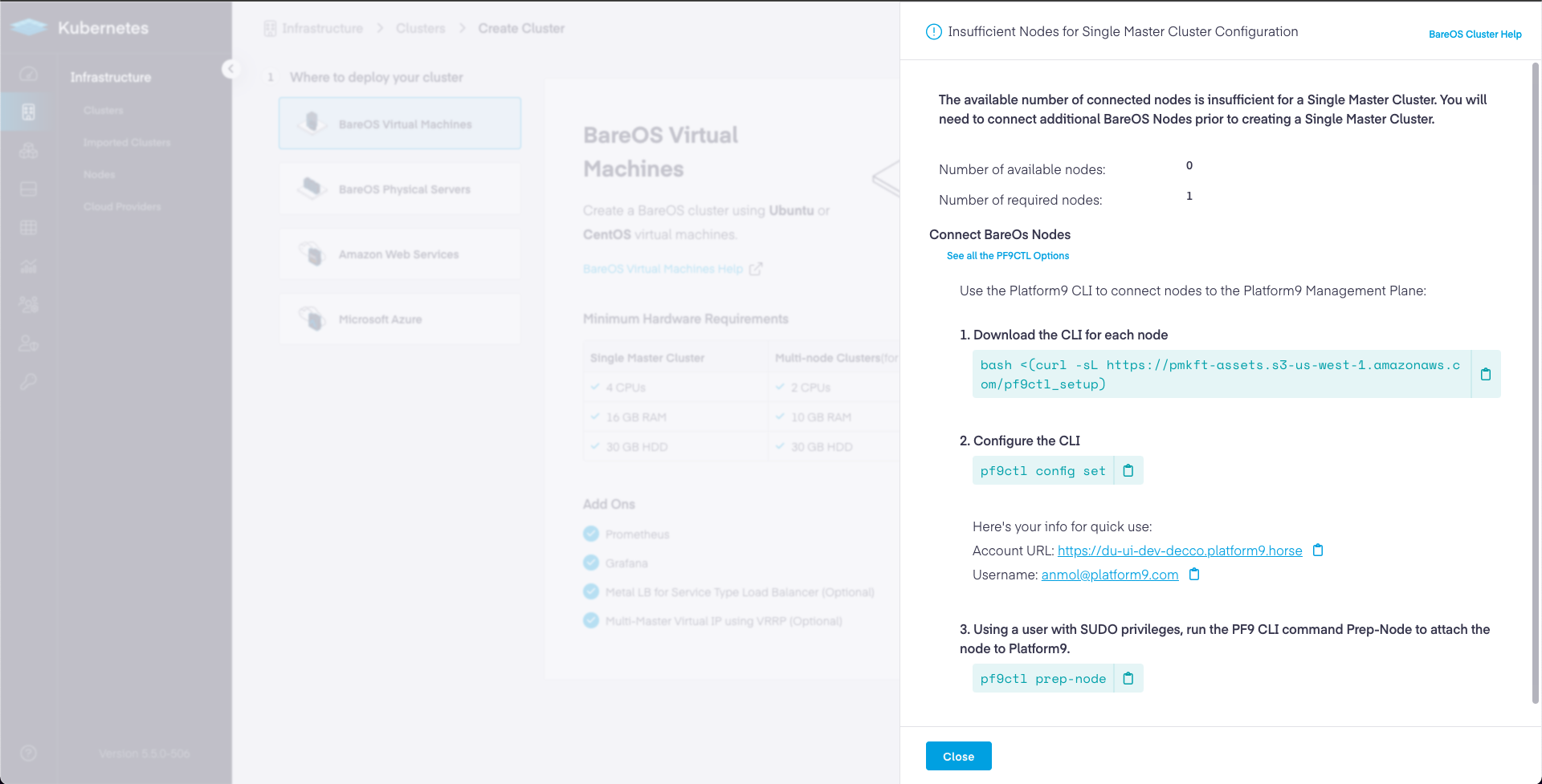 Platform9 UI – Infrastructure - Clusters - Deploy - Multi-Master – Insufficient Nodes